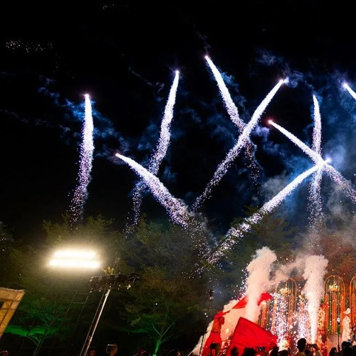 Fireworks display over a wedding stage
