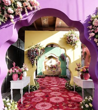 Pastel arch corridor for Haldi celebrations