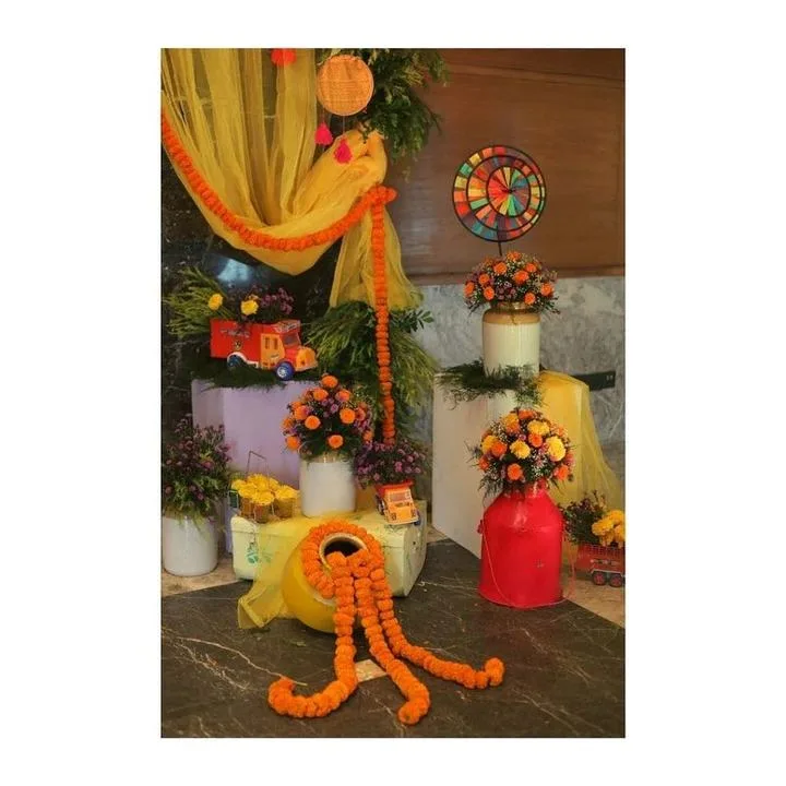 Rang Barse colourful Haldi backdrop with circular photo corner