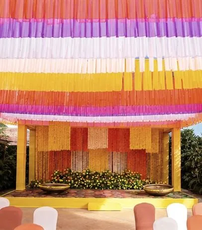 Colourful striped tent stage for Haldi