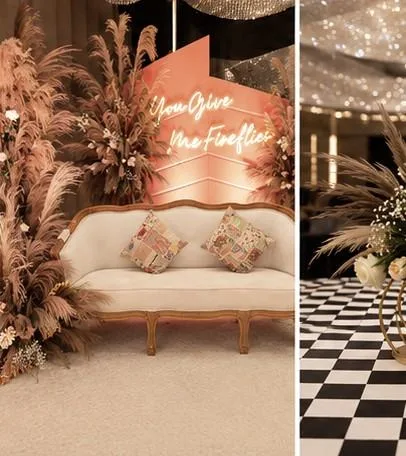 Boho lounge seating with pampas grass decor