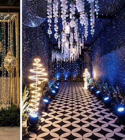 Illuminated entrance tunnel with floral drops