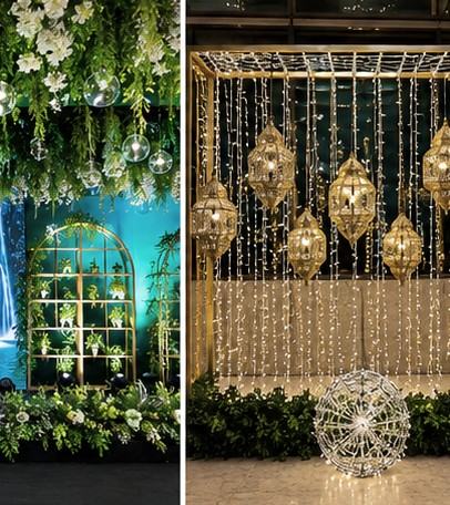 Water feature backdrop with floral arches